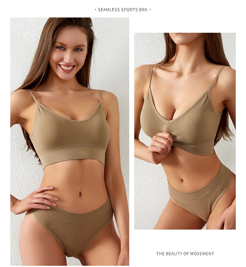 Ensemble de sous-vêtements sans couture pour femme – Soutien-gorge rembourré, string taille basse, lingerie en coton confortable et sans armatures