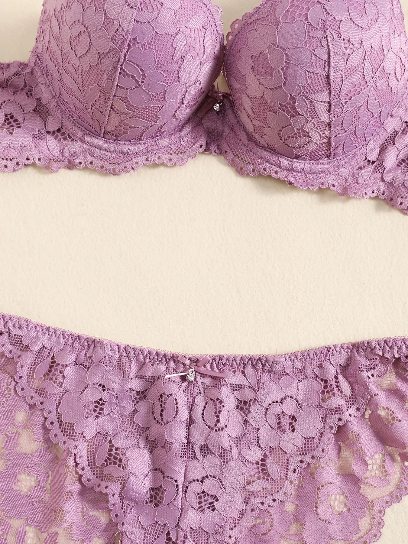 Ensemble de lingerie élégant en dentelle brodée, tissu respirant, soutien-gorge push-up et culotte transparente taille basse