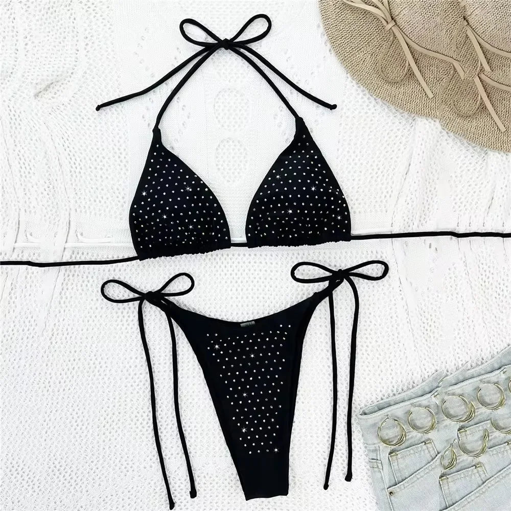 Maillot de bain sexy en diamant brillant – Bikini triangle à halter, string micro extrême, maillot de bain pour femmes, ensemble de bikinis