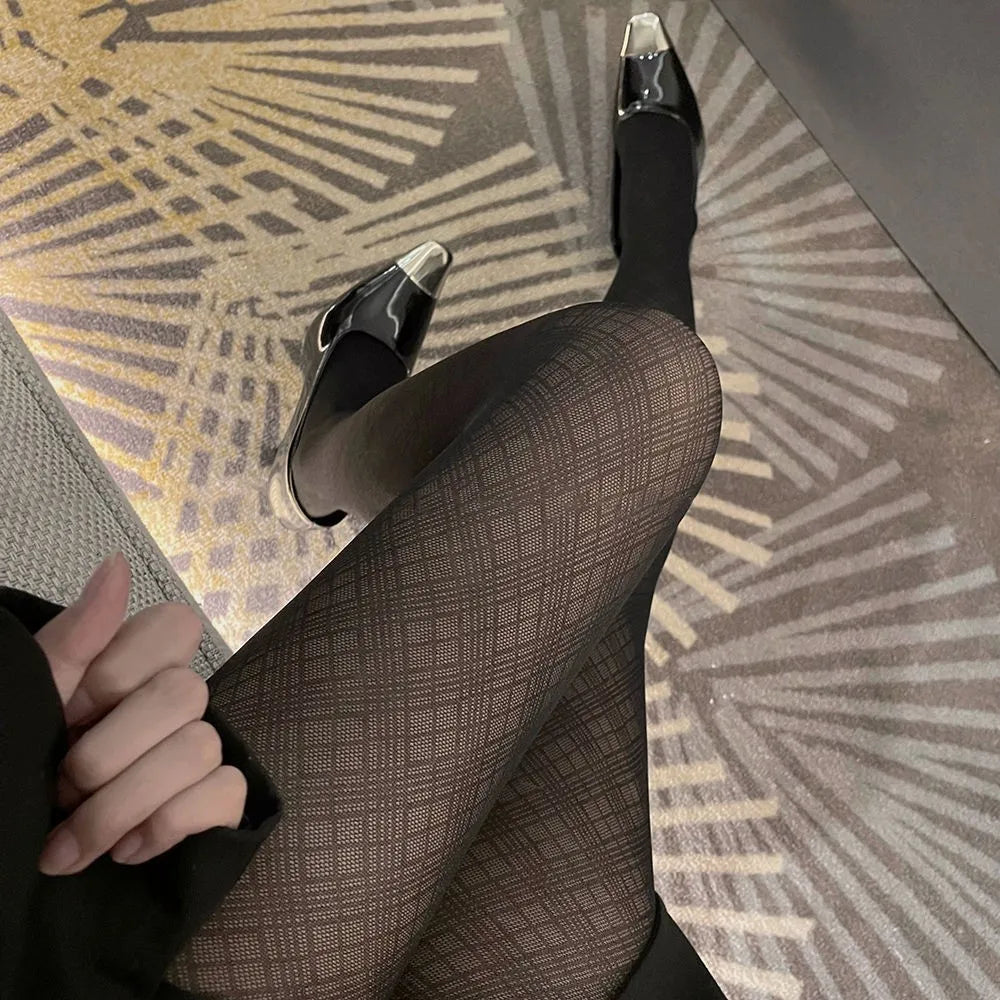 Bas sexy noirs à motif pied-de-poule pour femmes, collants élégants