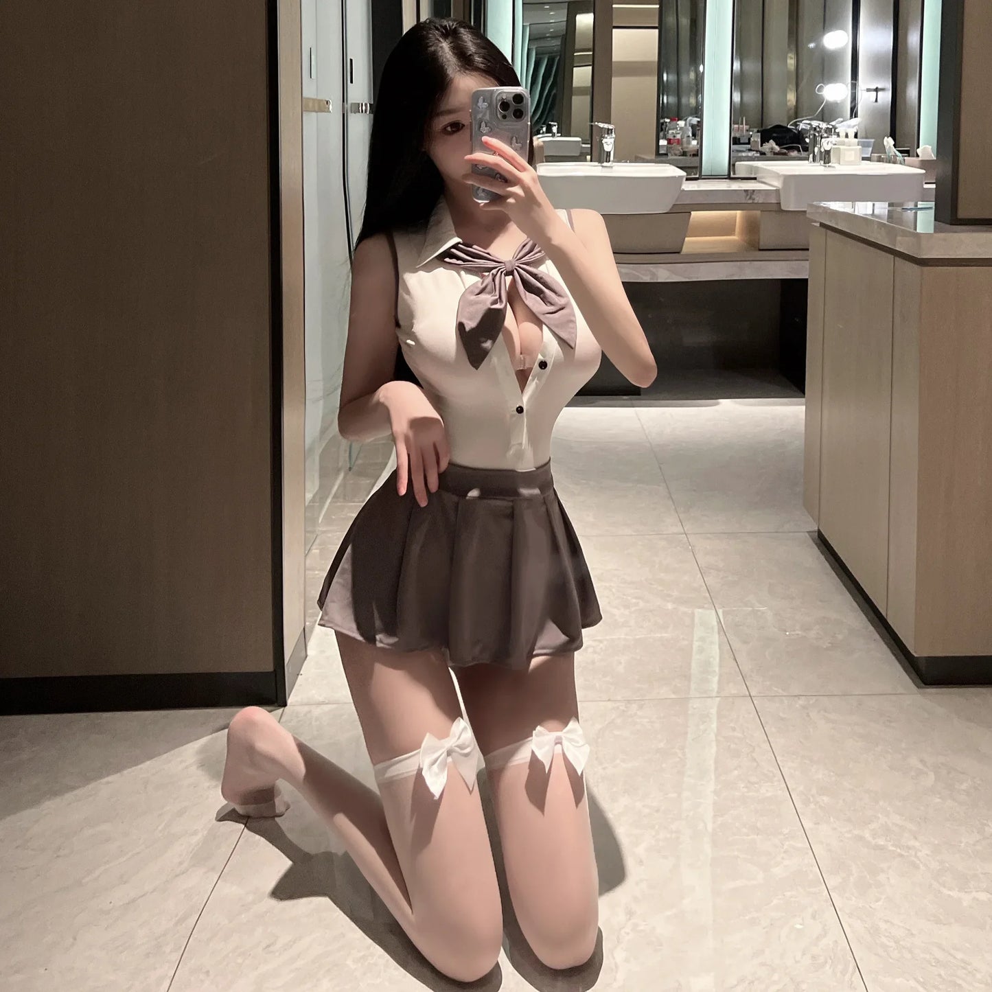 School Girl Cosplay Women Sexy Lingerie Student JK Uniform Costumes Bowknot Backless Top with Pleated Skirt Exotic Outfits