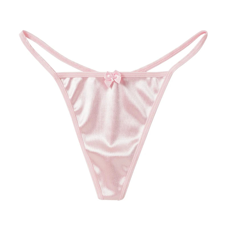 String en satin sexy pour femme – Sous-vêtements sans couture, culotte avec nœud, taille basse, G-string à fil unique, entrejambe en coton pur, coupe T-back, disponible en tailles M-2X