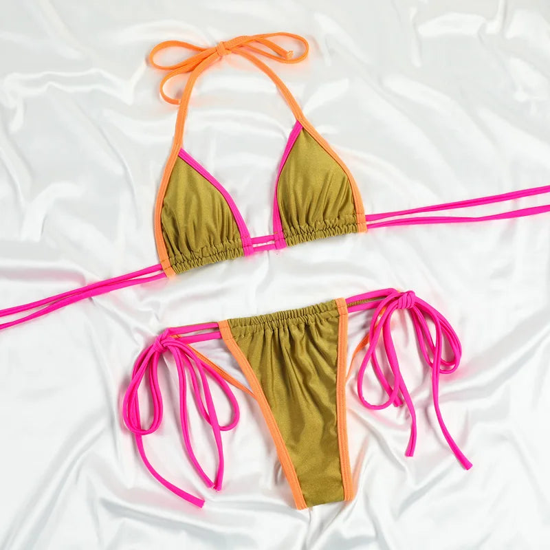 Maillot de bain bikini triangle Miyouj 2025 – Maillot de bain en couleur unie, sexy, à coupe haute, tenue de bain à bandage, bikini léopard en deux pièces