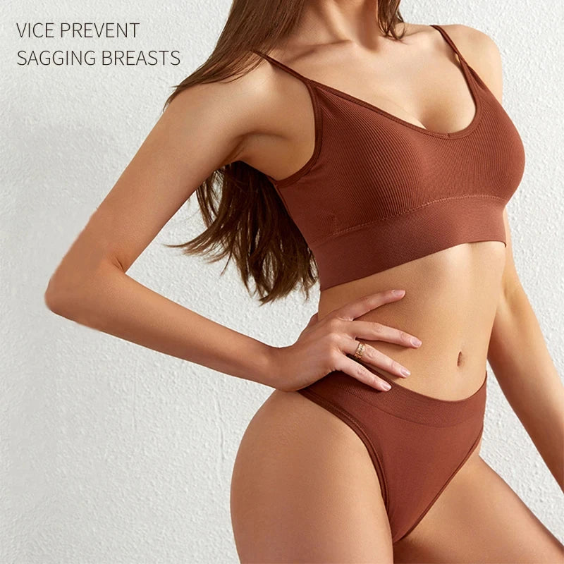 Ensemble de sous-vêtements sans couture pour femme – Soutien-gorge rembourré, string taille basse, lingerie en coton confortable et sans armatures