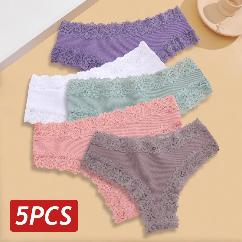 5PCS/Set Women Lace Seamless Cotton Panties Sexy Brazilian Pants Ribbed Breathable Girls Underwear Soft Plus Size Lingerie S-XL