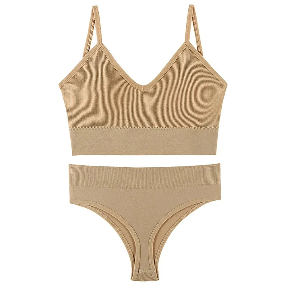 Ensemble de sous-vêtements sans couture pour femme – Soutien-gorge rembourré, string taille basse, lingerie en coton confortable et sans armatures