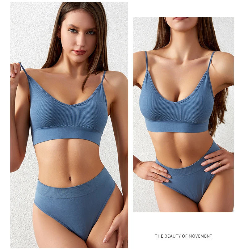 Ensemble de sous-vêtements sans couture pour femme – Soutien-gorge rembourré, string taille basse, lingerie en coton confortable et sans armatures