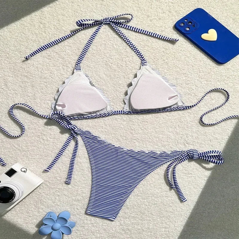 Ensemble de maillot de bain triangle à rayures bleues – Mini bikini sexy, string de bain, maillot de bain à halter pour femmes