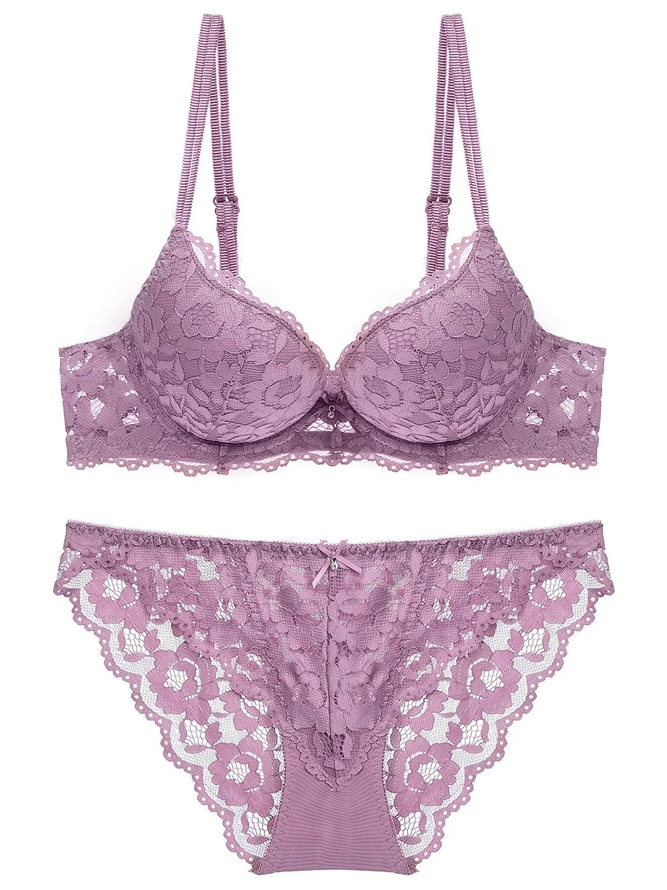 Ensemble de lingerie élégant en dentelle brodée, tissu respirant, soutien-gorge push-up et culotte transparente taille basse