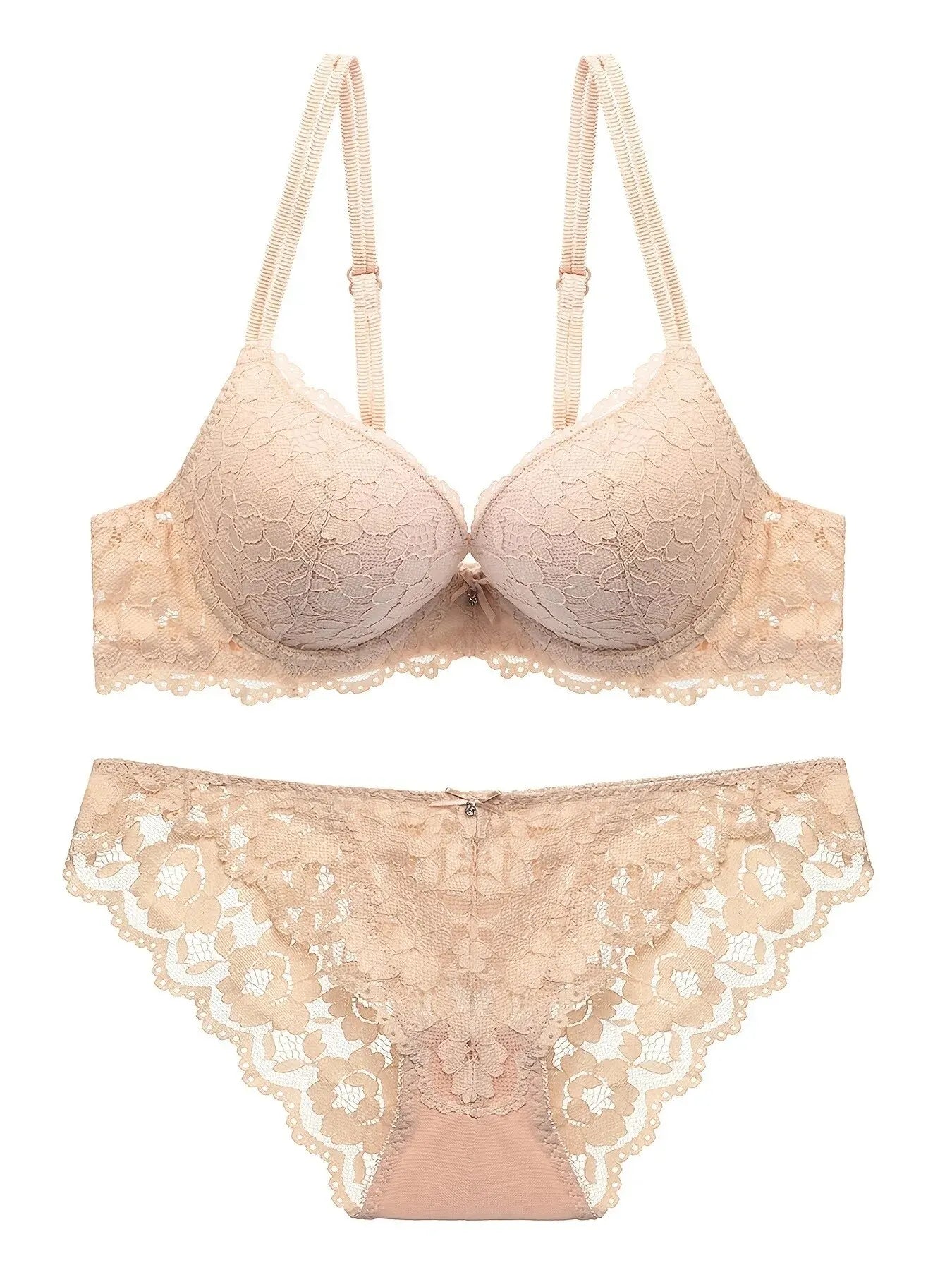 Ensemble de lingerie élégant en dentelle brodée, tissu respirant, soutien-gorge push-up et culotte transparente taille basse