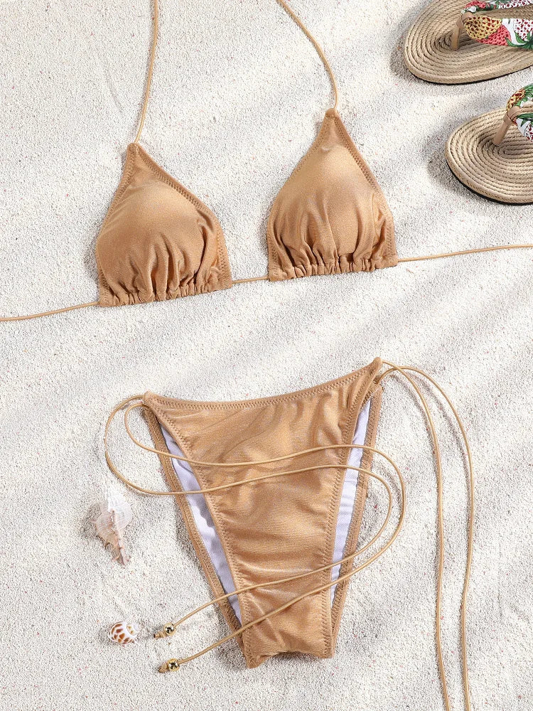 Maillot de bain bikini triangle Miyouj 2025 – Maillot de bain en couleur unie, sexy, à coupe haute, tenue de bain à bandage, bikini léopard en deux pièces