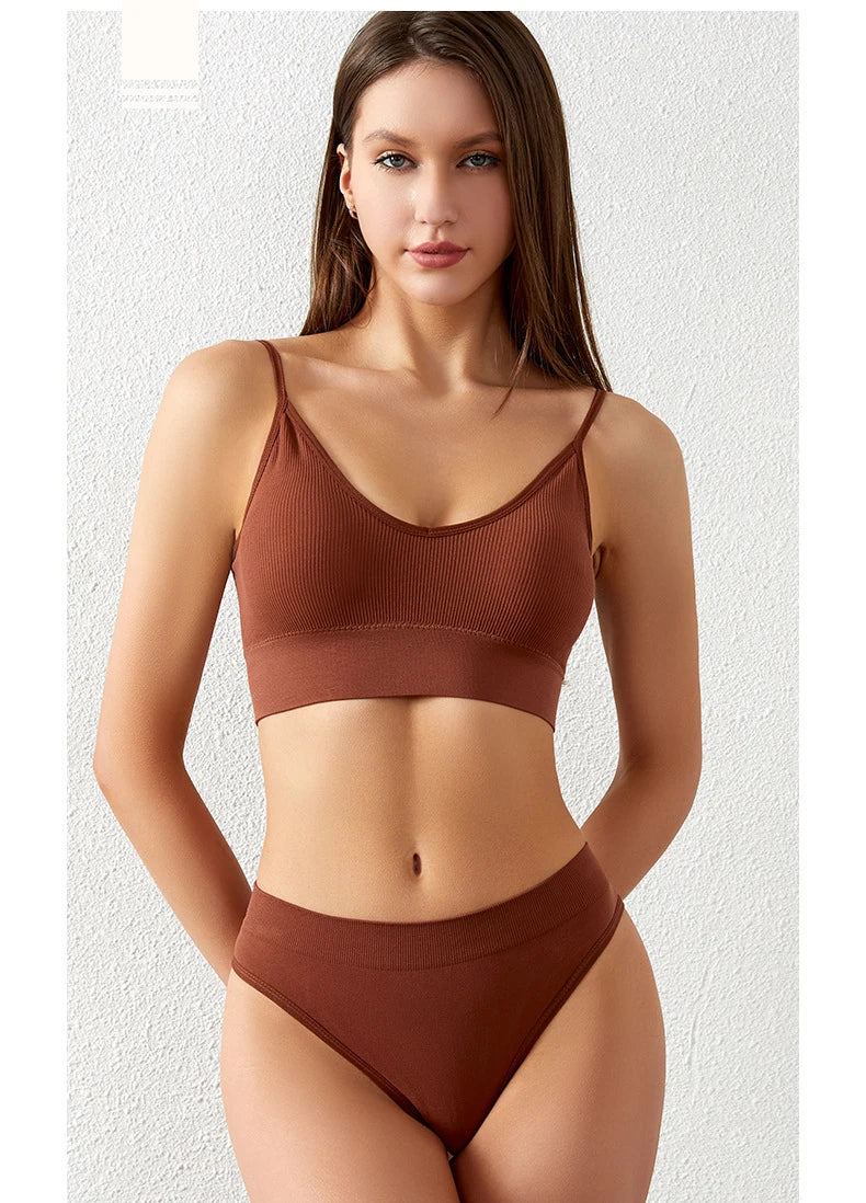 Ensemble de sous-vêtements sans couture pour femme – Soutien-gorge rembourré, string taille basse, lingerie en coton confortable et sans armatures