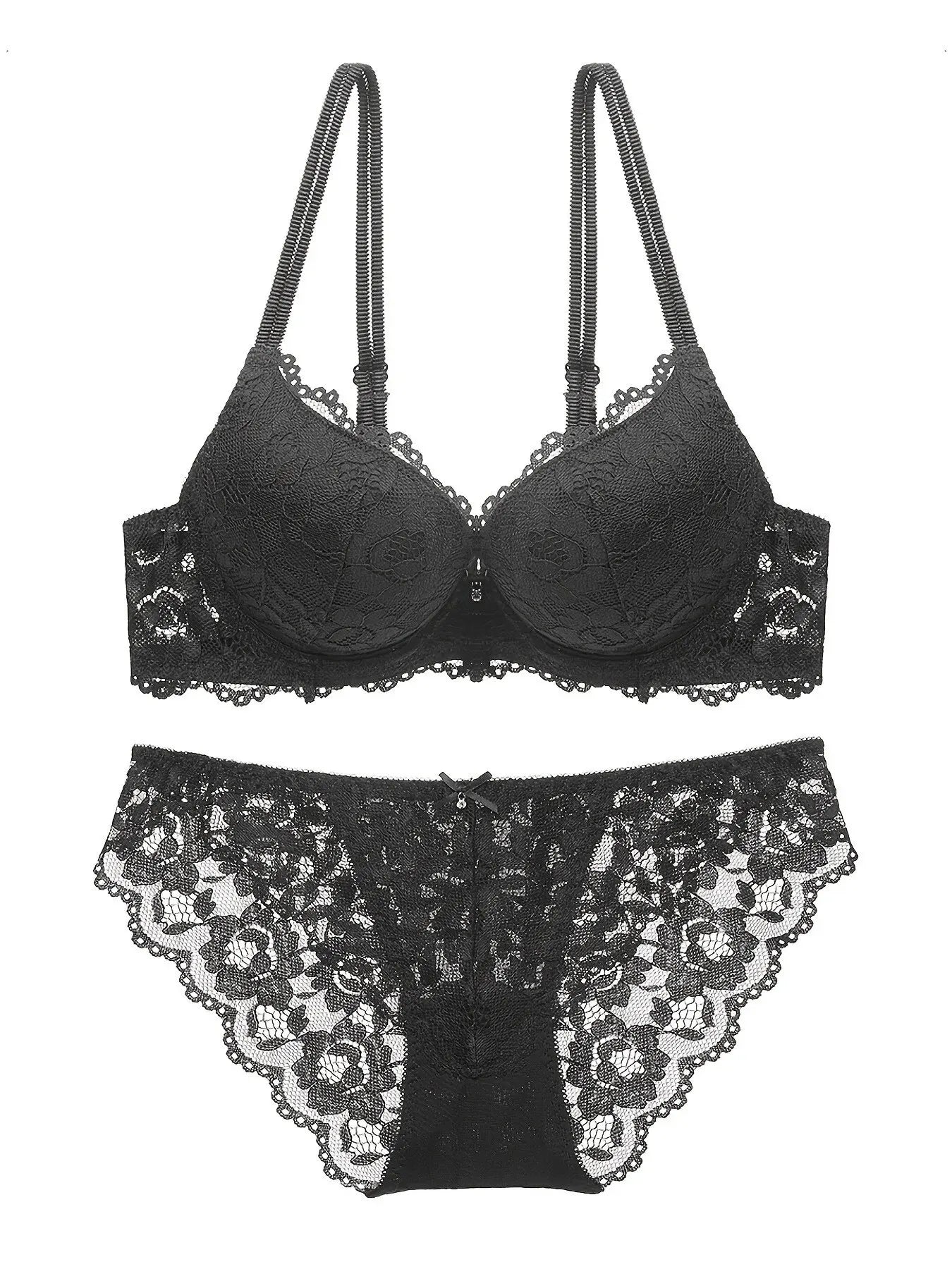 Ensemble de lingerie élégant en dentelle brodée, tissu respirant, soutien-gorge push-up et culotte transparente taille basse